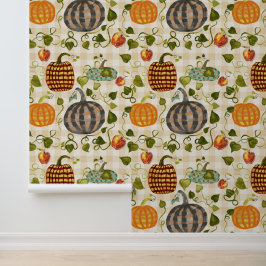 Herfst Plaid Pompoenen Appels Op Gouden Gingham Behang