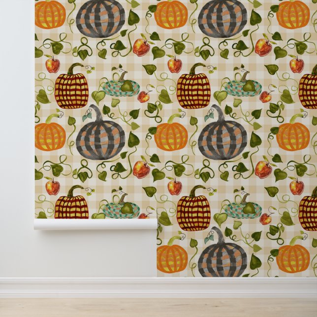 Herfst Plaid Pompoenen Appels Op Gouden Gingham Behang (Applicatie)