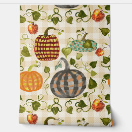 Herfst Plaid Pompoenen Appels Op Gouden Gingham Behang