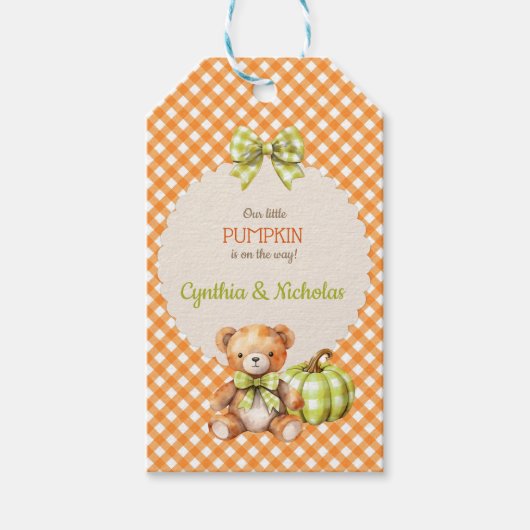 Herfst Plaid Teddy Bear Pompoenbladeren Cadeaulabel (Voorkant)