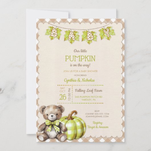 Herfst Plaid Teddy Bear Pompoenbladeren Kaart (Voorkant)