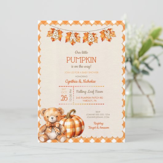 Herfst Plaid Teddy Bear Pompoenbladeren Kaart (Staand voorkant)