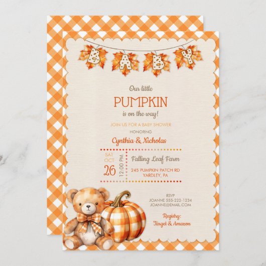 Herfst Plaid Teddy Bear Pompoenbladeren Kaart (Voorkant / Achterkant)