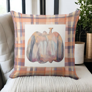 Herfst plaid waterverf pompoen oranje paarse crème kussen