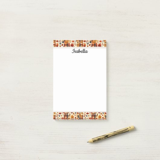 Herfst plaids, eikels, esdoorn bladeren kleurrijk post-it® notes (Op bureau)