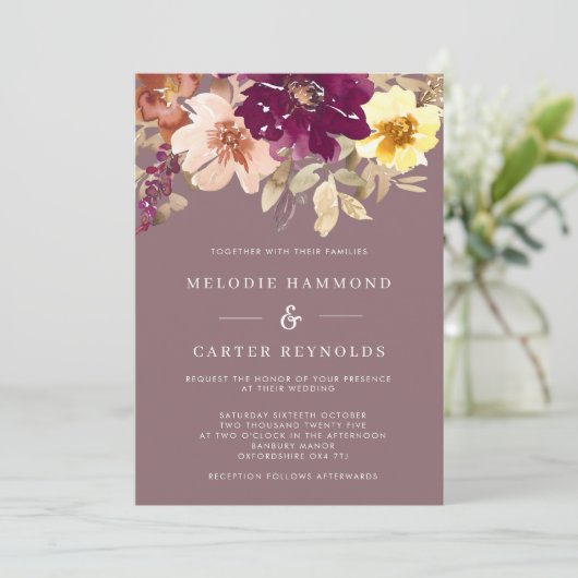 Herfst Plum Waterverf Floral Wedding Kaart (Staand voorkant)