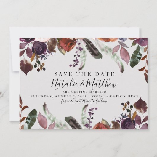 Herfst Plum Wedding Save the Date Waterverf Boho Kaart (Voorkant)