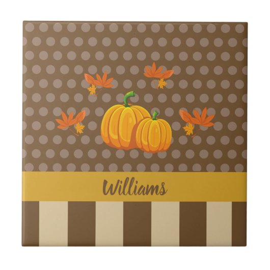 Herfst Polka Dot Pumpkin met familienaam Tegeltje (Voorkant)