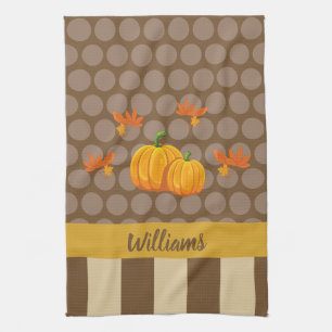 Herfst Polka Dot Pumpkin met familienaam Theedoek