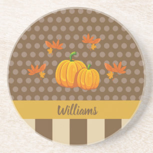 Herfst Polka Dot Pumpkin met familienaam Zandsteen Onderzetter