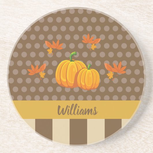 Herfst Polka Dot Pumpkin met familienaam Zandsteen Onderzetter (Voorkant)