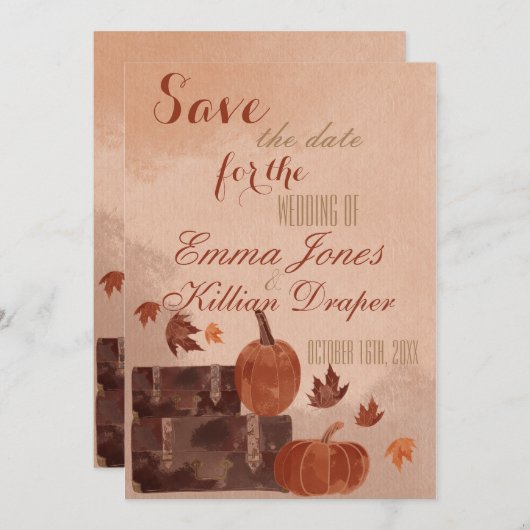 Herfst pomkin en bladeren save the date (Voorkant / Achterkant)