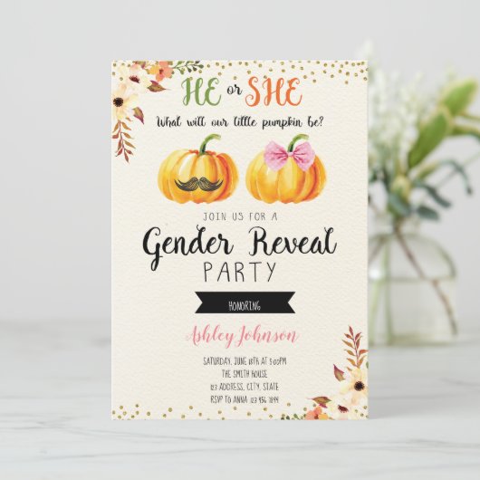 Herfst pomkin gender onthult kaartuitnodiging kaart (Staand voorkant)