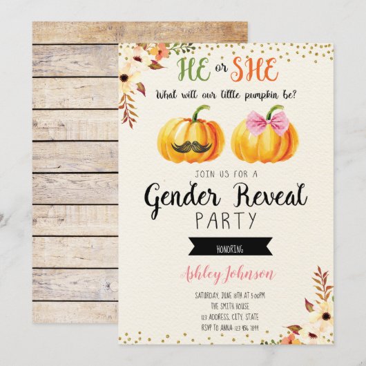 Herfst pomkin gender onthult kaartuitnodiging kaart (Voorkant / Achterkant)