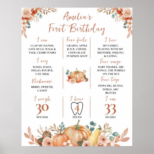 Herfst pompoen 1e verjaardag mijlpaal teken poster (Voorkant)