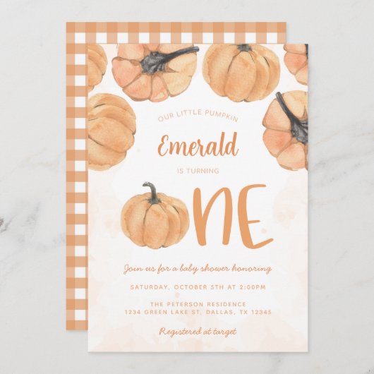 Herfst pompoen 1e verjaardagsfeestje kaart (Voorkant / Achterkant)