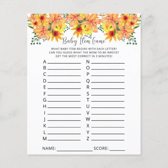 Herfst pompoen Baby Item Game. Baby shower game (Voorkant)