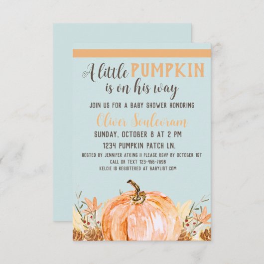 Herfst pompoen Baby shower blauw, Kaart (Voorkant / Achterkant)