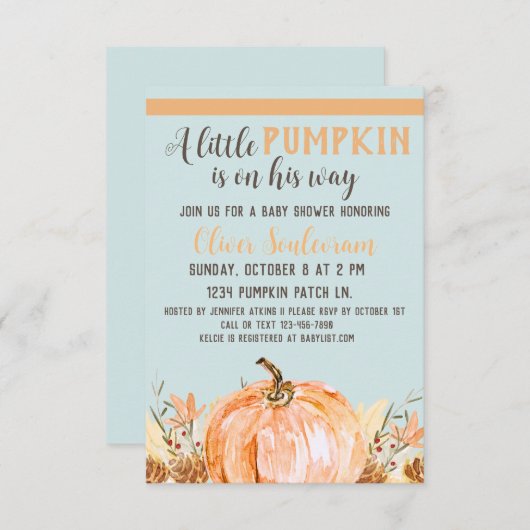 Herfst pompoen Baby shower blauw, Kaart (Voorkant / Achterkant)