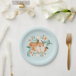 Herfst pompoen Baby shower blauw, Papieren Bordje
