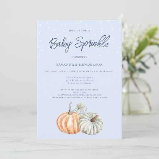Herfst Pompoen Baby shower Blauw Sprinkle Invitati Kaart (Staand voorkant)