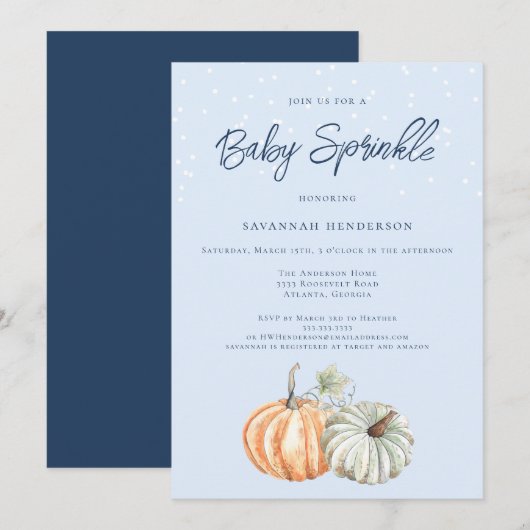 Herfst Pompoen Baby shower Blauw Sprinkle Invitati Kaart (Voorkant / Achterkant)