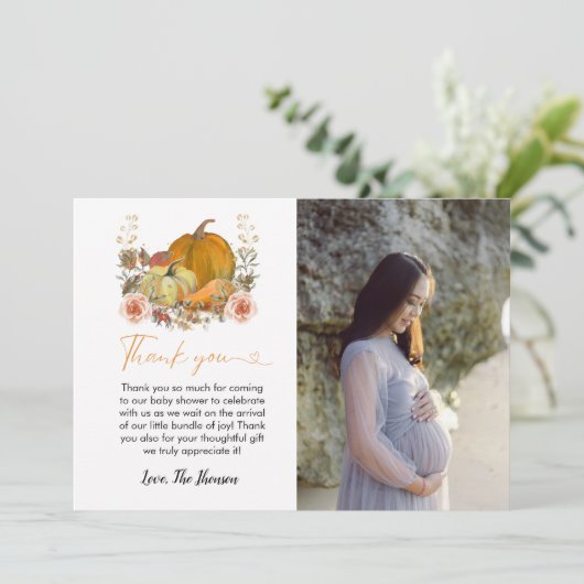 Herfst pompoen baby shower dank u kaart (Staand voorkant)