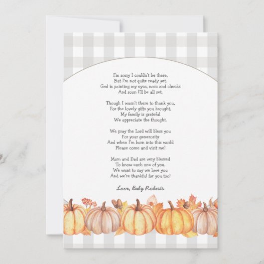 Herfst pompoen baby shower gedicht Dank u opmerkin Kaart (Voorkant)