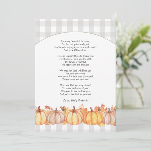 Herfst pompoen baby shower gedicht Dank u opmerkin Kaart (Staand voorkant)