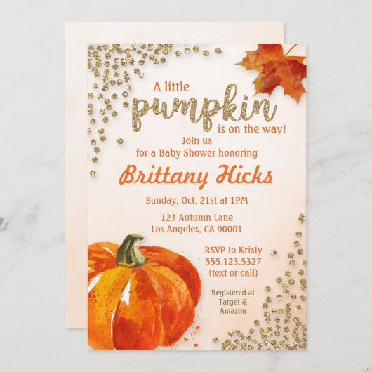 Herfst Pompoen Baby shower Glitter Uitnodiging (Voorkant / Achterkant)