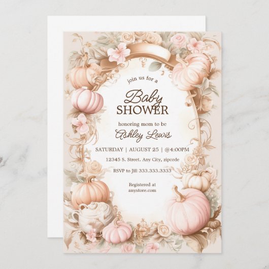 Herfst Pompoen baby shower uitnodiging blush (Voorkant / Achterkant)