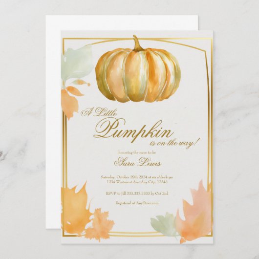 Herfst Pompoen Baby shower uitnodiging goud (Voorkant / Achterkant)