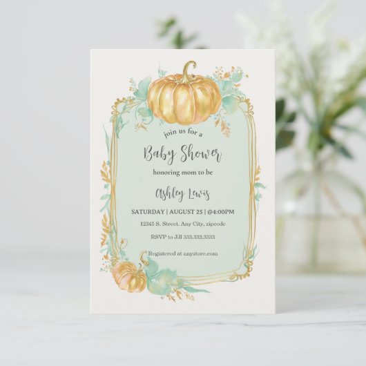 Herfst Pompoen Baby shower uitnodiging Gouden pomp (Staand voorkant)