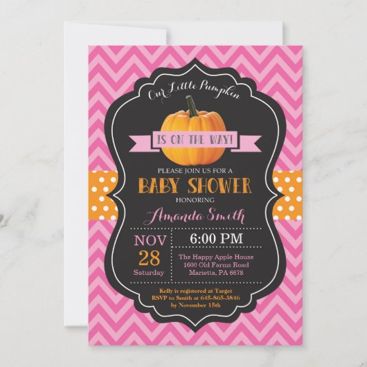 Herfst Pompoen Baby Shower Uitnodiging Roze Chevro (Voorkant)