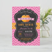 Herfst Pompoen Baby Shower Uitnodiging Roze Chevro (Staand voorkant)
