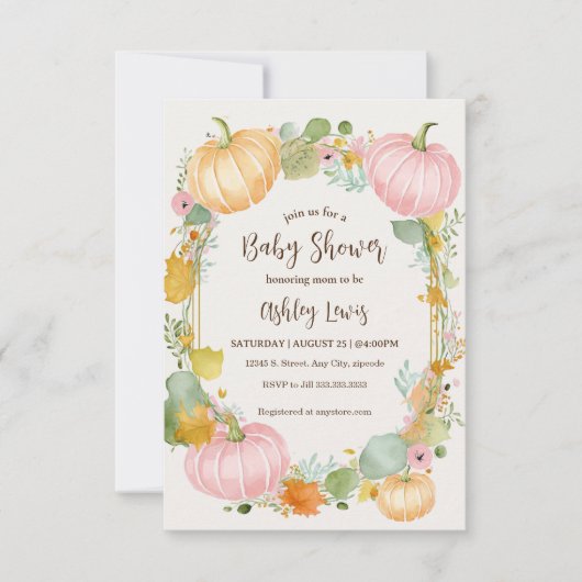 Herfst Pompoen Baby shower uitnodiging roze en gou (Voorkant)