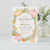 Herfst Pompoen Baby shower uitnodiging roze en gou (Staand voorkant)