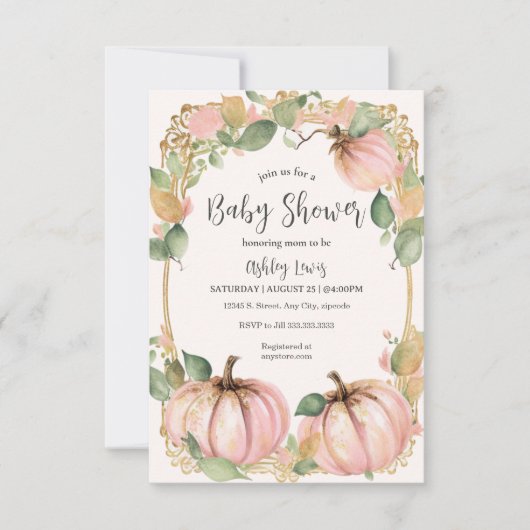 Herfst Pompoen Baby shower uitnodiging roze pompoe (Voorkant)