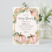 Herfst Pompoen Baby shower uitnodiging roze pompoe (Staand voorkant)