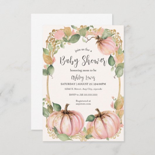 Herfst Pompoen Baby shower uitnodiging roze pompoe (Voorkant / Achterkant)
