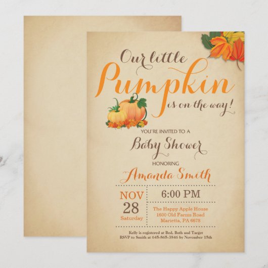 Herfst Pompoen Baby shower Uitnodiging Sinaasappel (Voorkant / Achterkant)