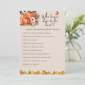 Herfst Pompoen Baby Shower Wie Kent Moeder Spelkaa Kaart (Staand voorkant)