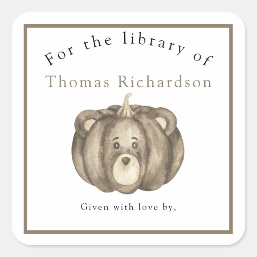 Herfst pompoen beer - voor de bibliotheek van vierkante sticker (Voorkant)