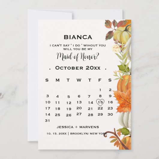 Herfst pompoen bladeren kalender bruidsmeisje voor kaart (Voorkant)