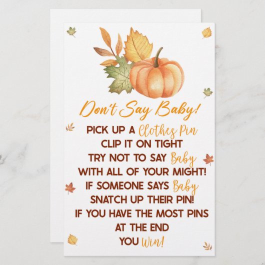 Herfst pompoen bladeren niet zeggen Baby shower sp Briefpapier (Voorkant / Achterkant)