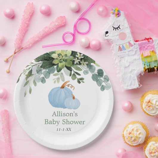 Herfst pompoen blauw groen eucalyptusbaby shower papieren bordje (Feest)
