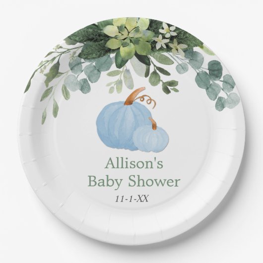 Herfst pompoen blauw groen eucalyptusbaby shower papieren bordje (Voorkant)