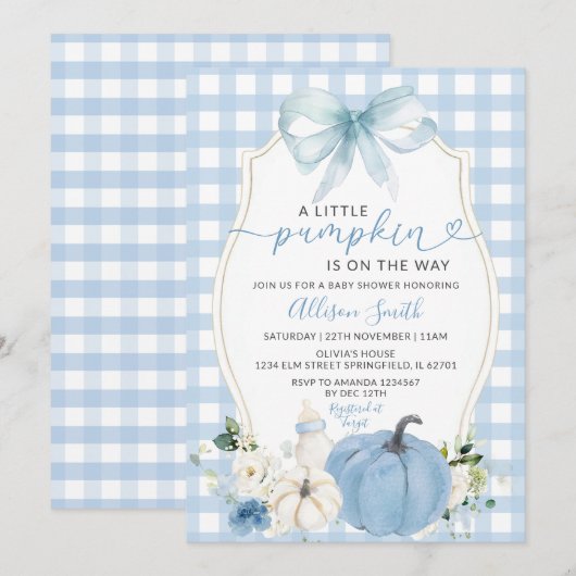 Herfst Pompoen Bloemboog Blauw Gingham Baby shower Kaart (Voorkant / Achterkant)