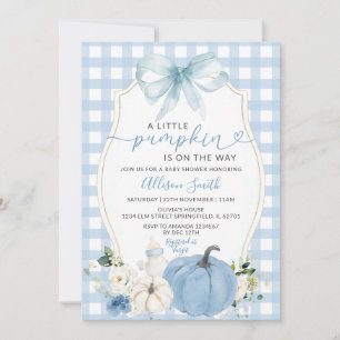 Herfst Pompoen Bloemboog Blauw Gingham Baby shower Kaart