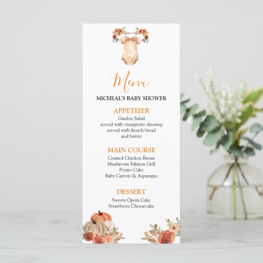 Herfst Pompoen Bloemen Babykleding Baby shower Men Menu (Staand voorkant)